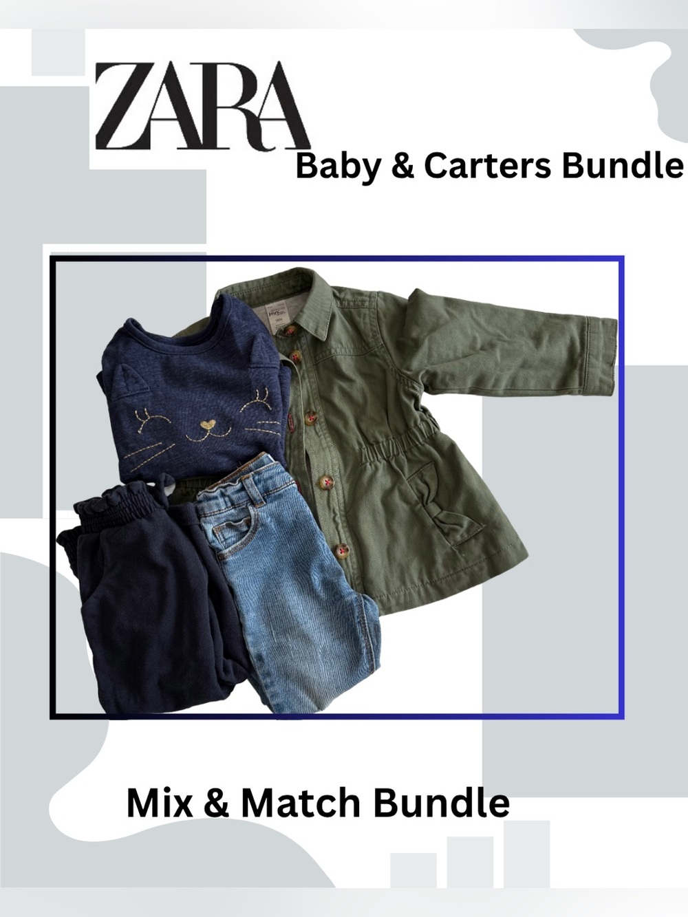 Baby Girl 4pc Bundle Carter's Olive Jacket, Cat Tee, Zara Jeans & Joggers 9-18M
